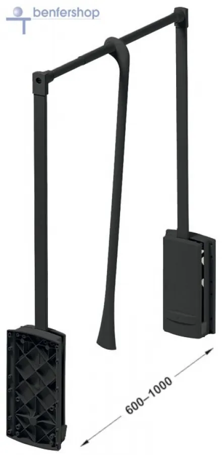 Garderobenlift für Kleideschränke mit einem lichten Maß von 60 bis 100 cm, Teleskop-Kleiderstange, Arm und Gehäuse, Oberfläche schwarz.