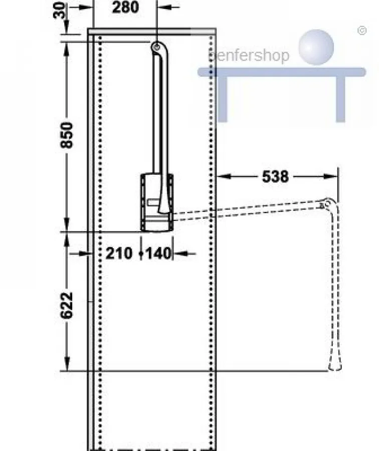 Schwenkbare Kleiderstange, mittige Montage | Kleiderlift 61 cm