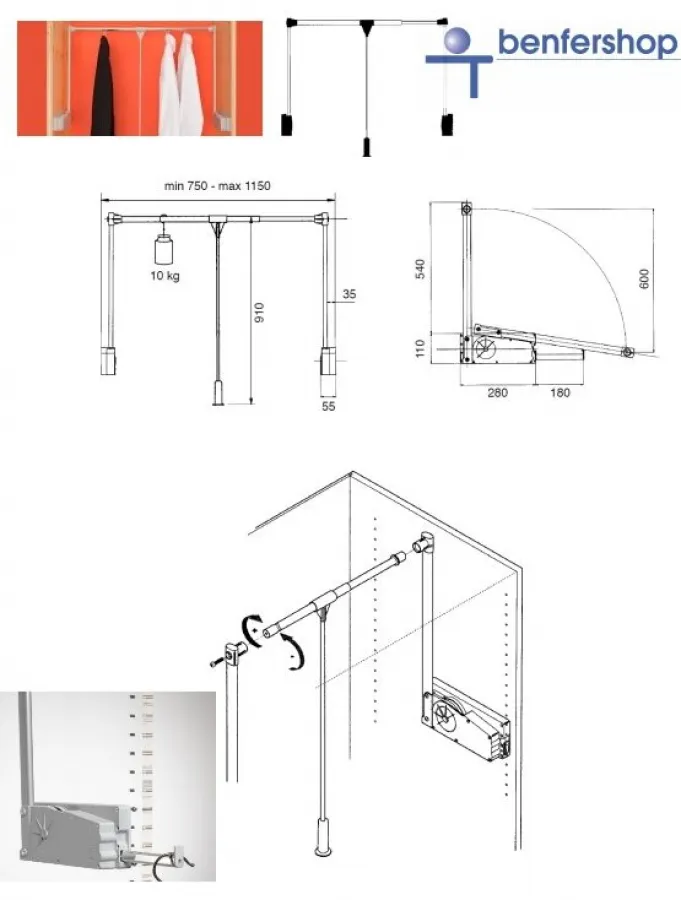 Garderobenlift für die Seitenwandmontage + Kleiderbügelhalter ausziehbar