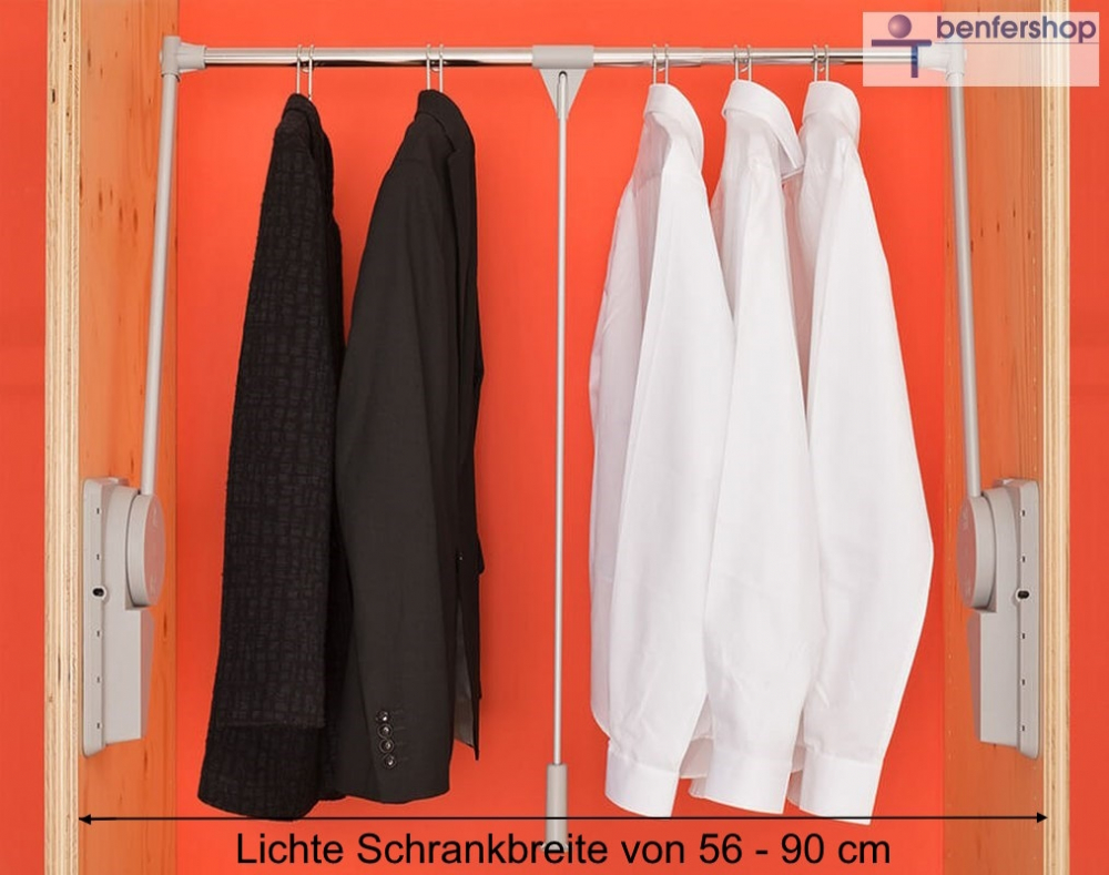 Schmaler Kleiderlift für eine Breite von 56 bis 90 cm. Tragkraft einstellbar von 12 bis 20 kg.