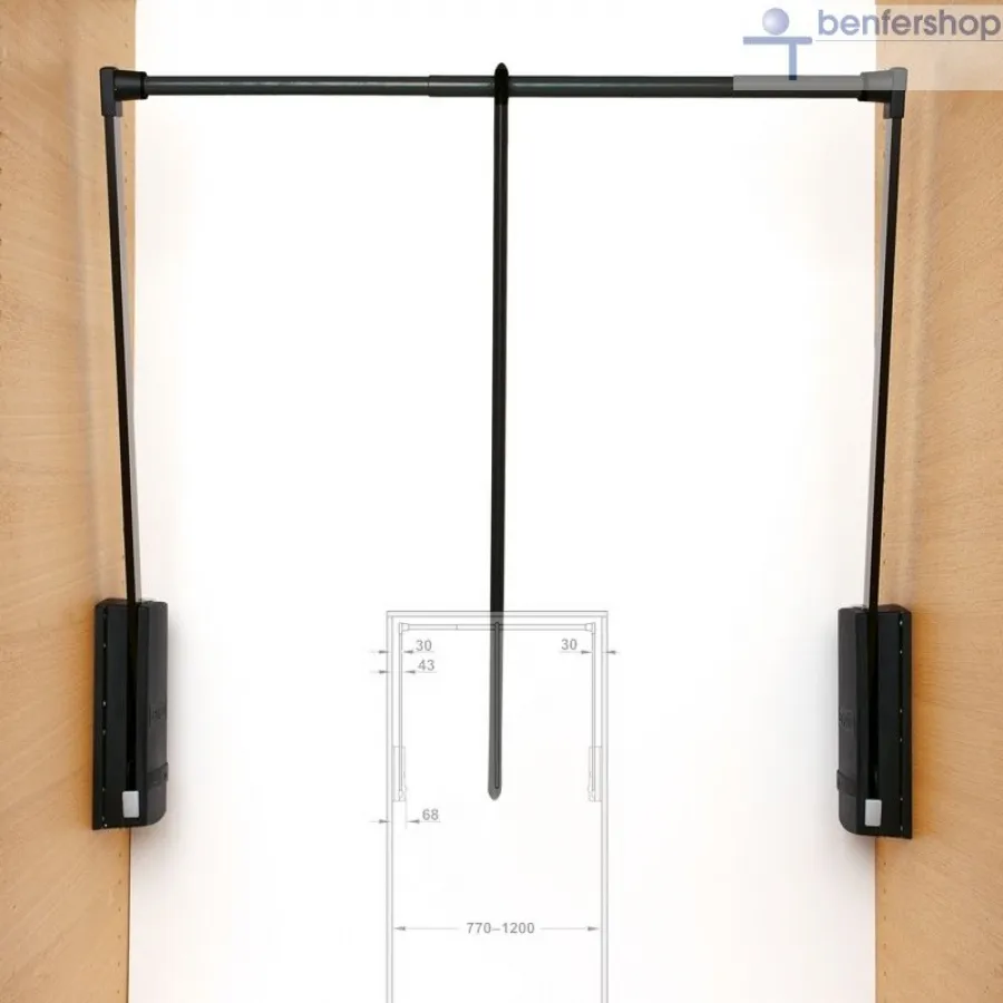 Garderobenlifter, Breite von 77 bis 120 cm, Tragkraft 10 kg, Oberflächen schwarz.