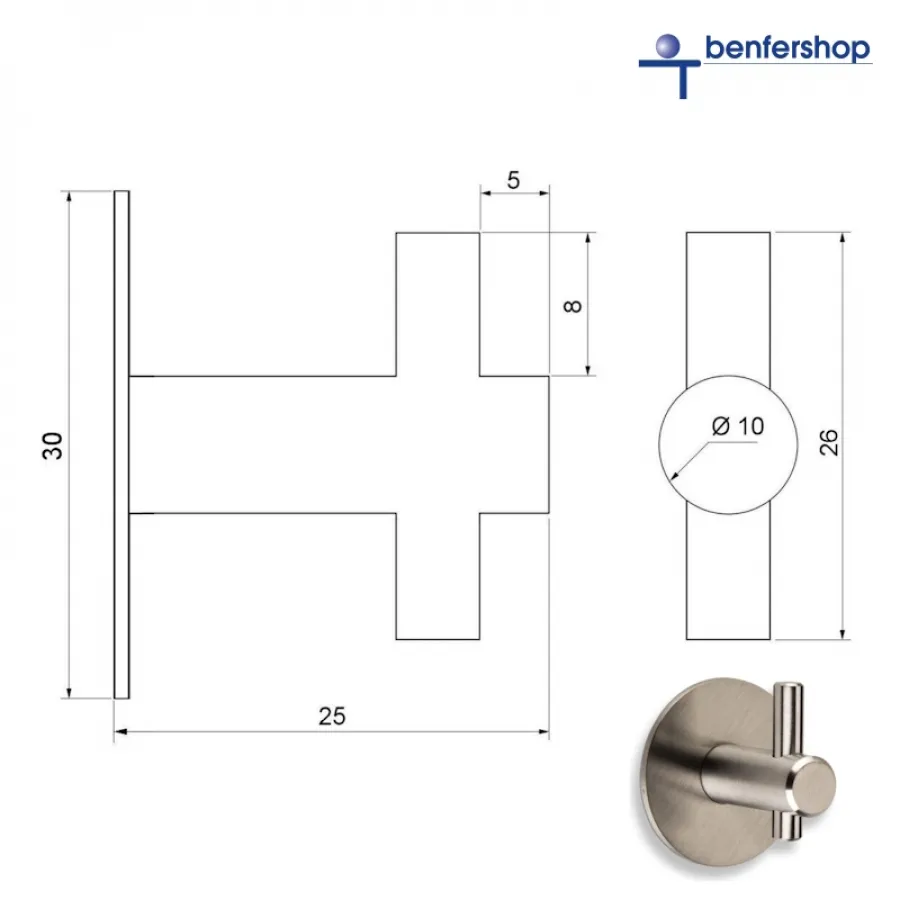 Mantelhaken aus gebürstem Edelstahl mit durchgehendem Hakenstift, Länge 25 mm.