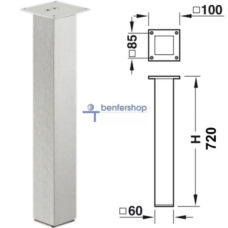 Tischbein 60x60 mm, Edelstahloptik, Höhe 720 mm, Mittige Montage unter der Befestigungsplatte.