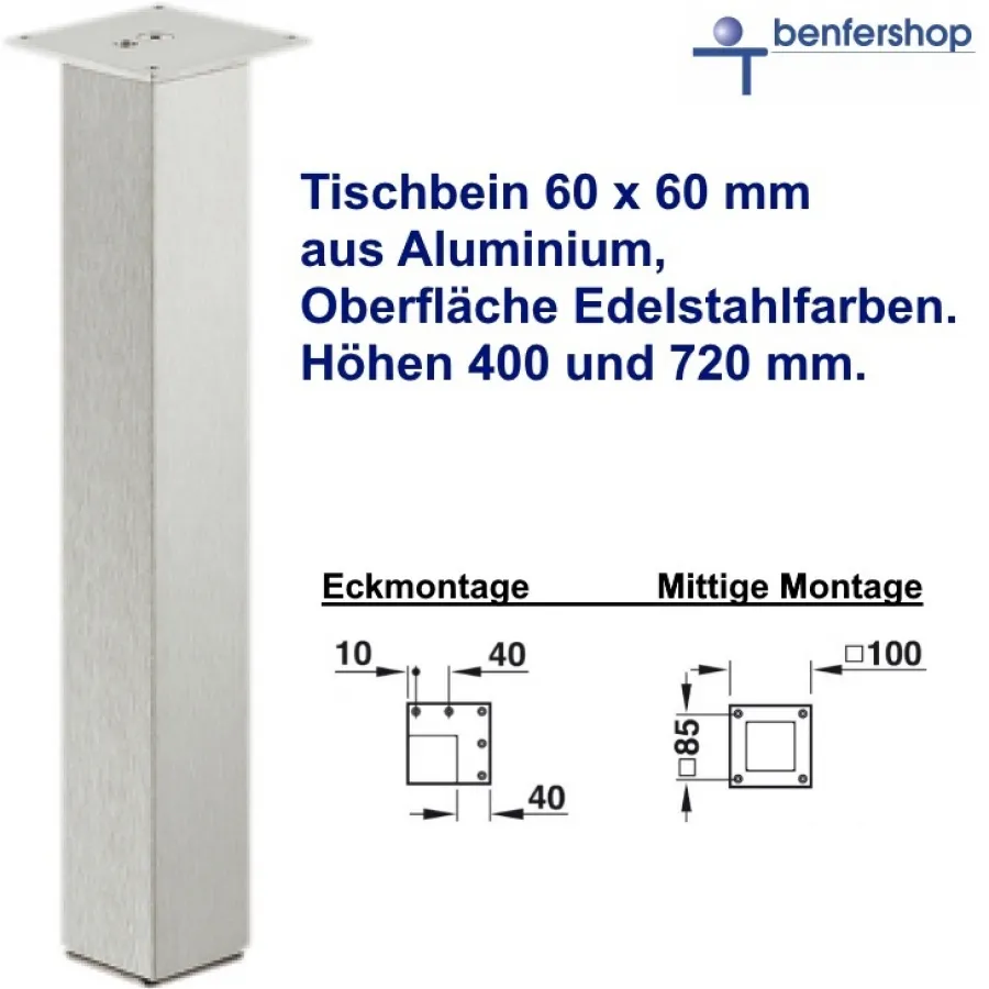 Tischbein aus Alu-edelstahloptik, Höhen 720 und 400 mm