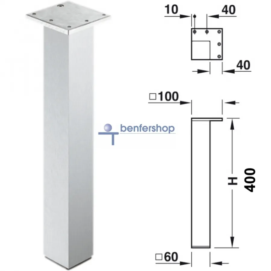 Tischbein 60x60 mm, Edelstahloptik, Höhe 400 mm, Eckmontage unter der Befestigungsplatte.