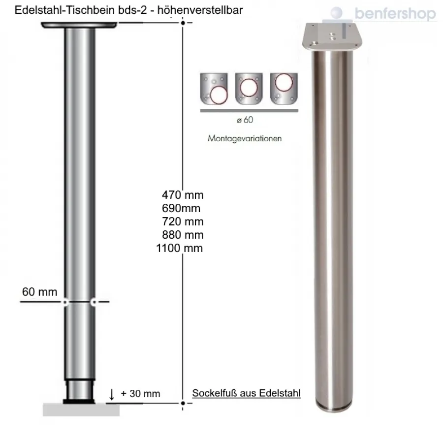 Rundes Tischbein oder Thekenfuß aus Edelstahl, Durchmesser 60 mm. Auswählbare Höhen