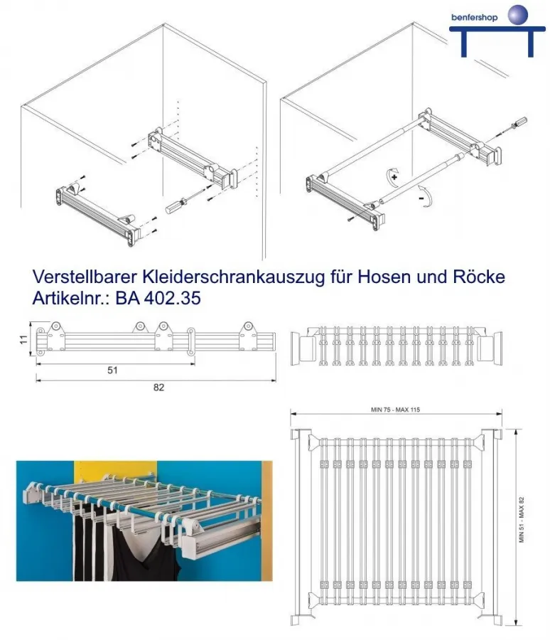 Kleiderschrankauszug, Breite variabel zwischen 75 und115 cm