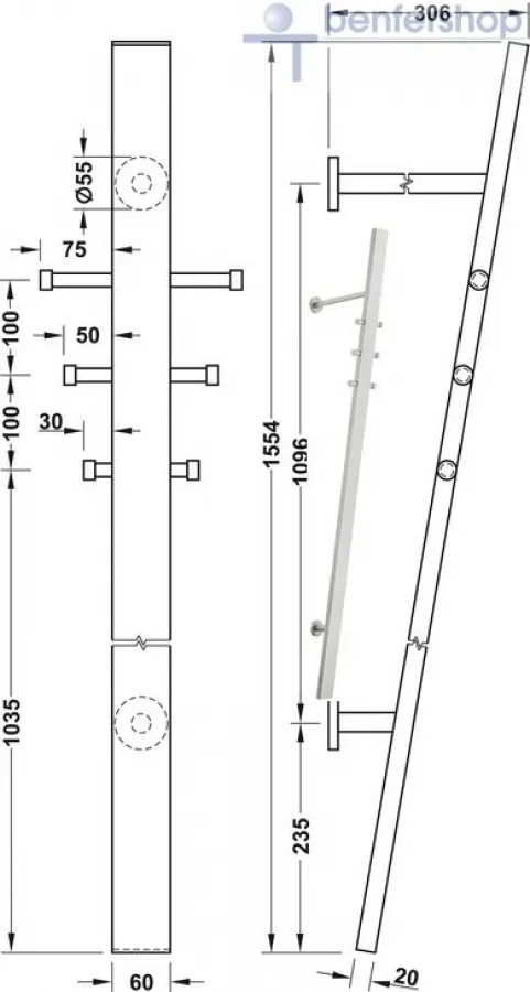 Wandgarderobe aus Edelstahl mit Kleiderstange und Garderobenhaken.