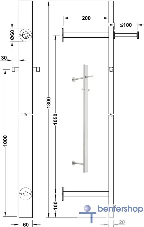 Wandgarderobe aus Edelstahl mit ausziehbarer Teleskop-Kleiderstange und zwei Kleiderhaken.