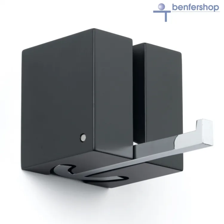 Wandgarderobe aus Massivholz, Farbe schwarz mit einem schwenkbaren Garderobenhaken aus Metall mit Doppelfunktion.